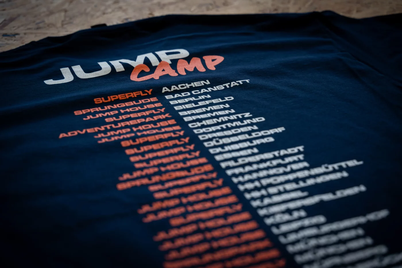 Detailansicht des Rückendrucks eines Jump-Camp-T-Shirts mit Eventnamen und Standorten.